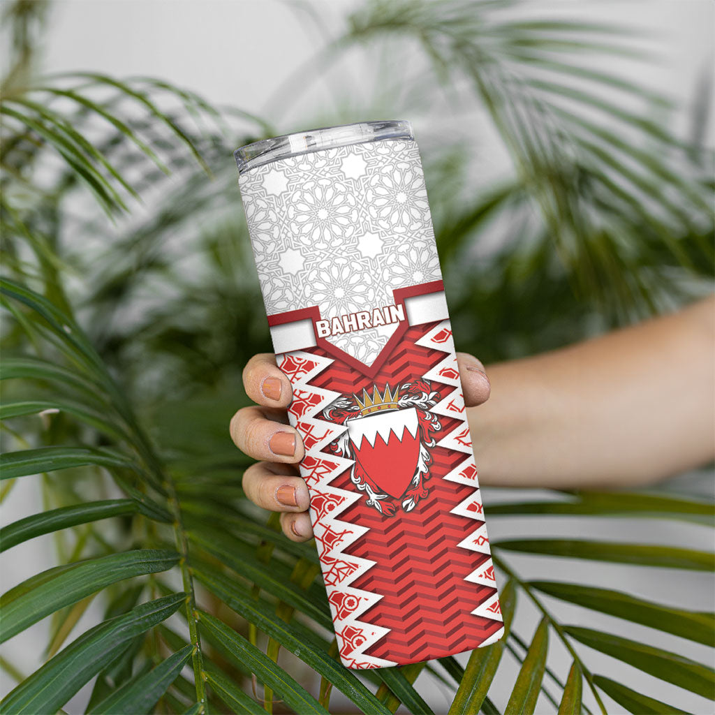 Personalized Bahrain Skinny Tumbler Royal Coat Of Arms And Map Islamic Pattern