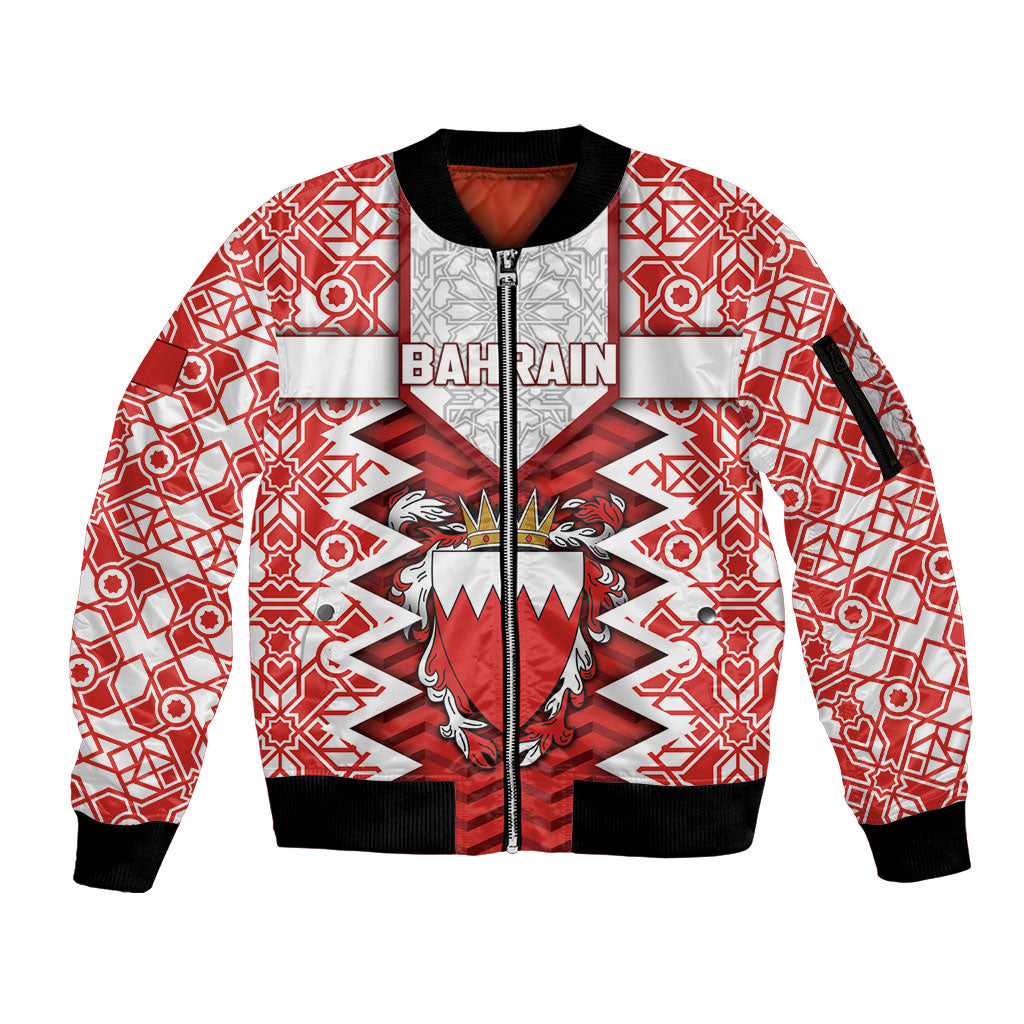 Personalized Bahrain Sleeve Zip Bomber Jacket Royal Coat Of Arms And Map Islamic Pattern