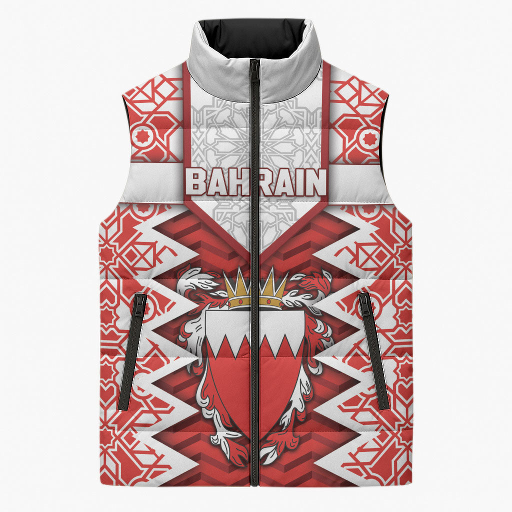 Personalized Bahrain Sleeveless Puffer Jacket Royal Coat Of Arms And Map Islamic Pattern