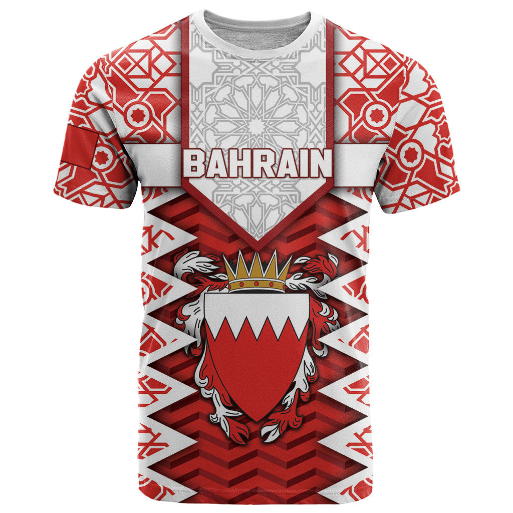 Personalized Bahrain T Shirt Royal Coat Of Arms And Map Islamic Pattern