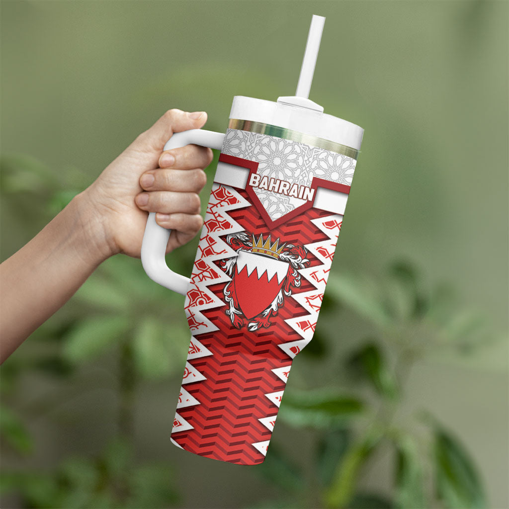 Personalized Bahrain Tumbler With Handle Royal Coat Of Arms And Map Islamic Pattern