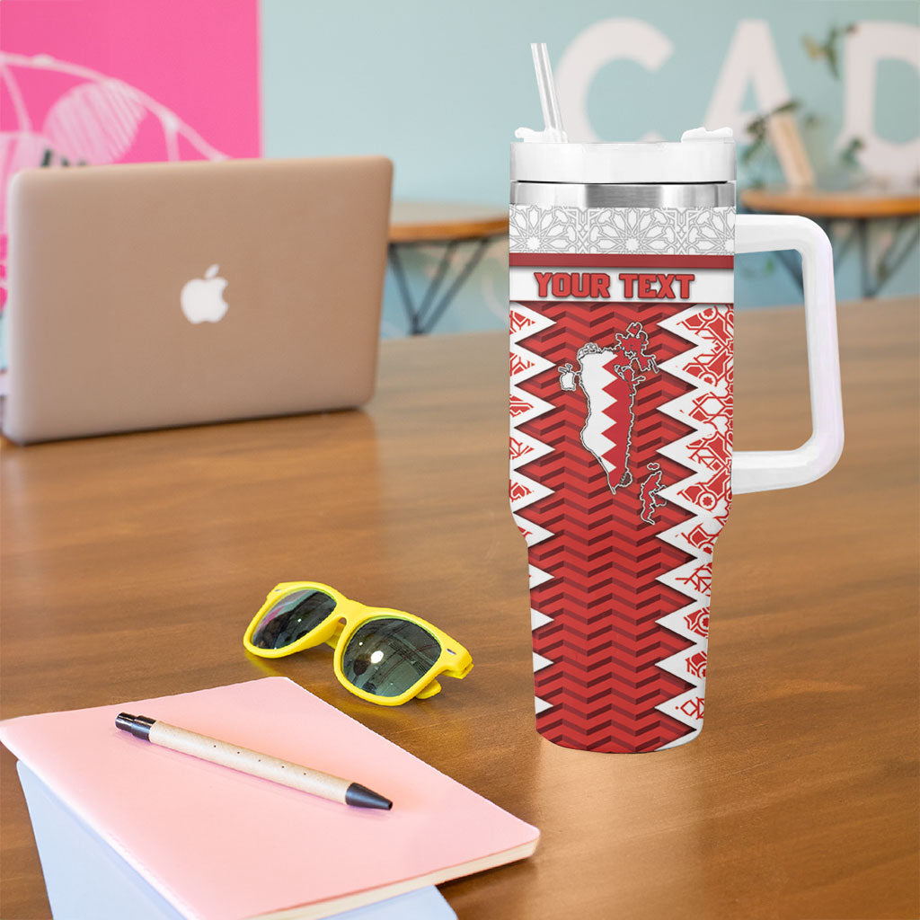 Personalized Bahrain Tumbler With Handle Royal Coat Of Arms And Map Islamic Pattern