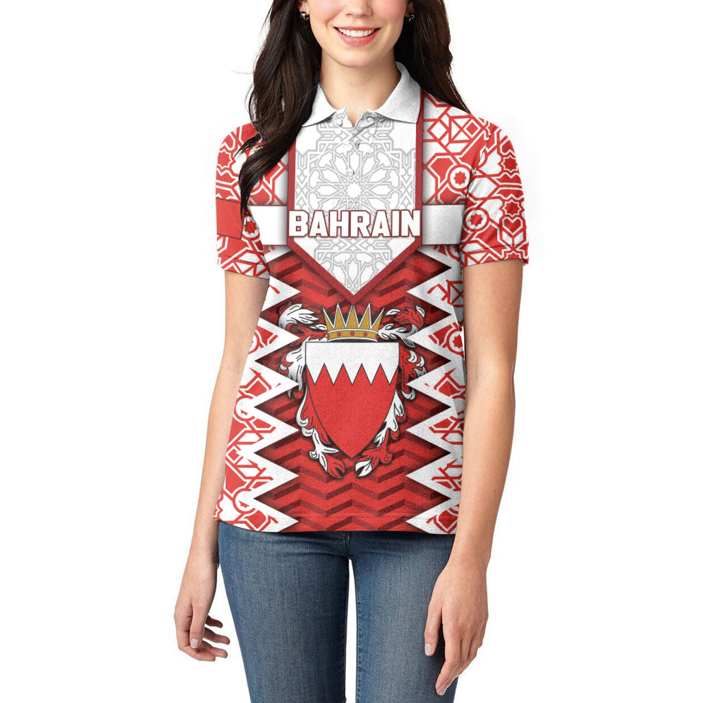 Personalized Bahrain Women Polo Shirt Royal Coat Of Arms And Map Islamic Pattern