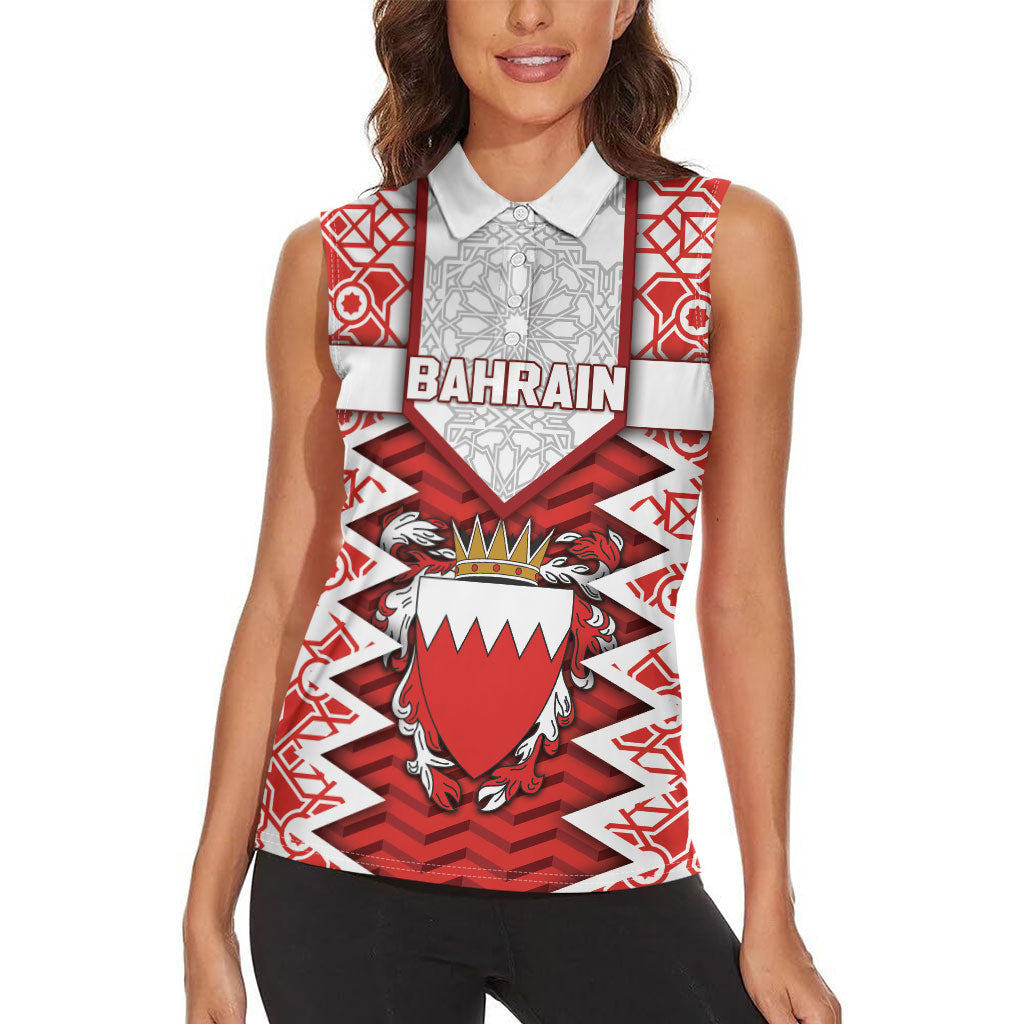 Personalized Bahrain Women Sleeveless Polo Shirt Royal Coat Of Arms And Map Islamic Pattern