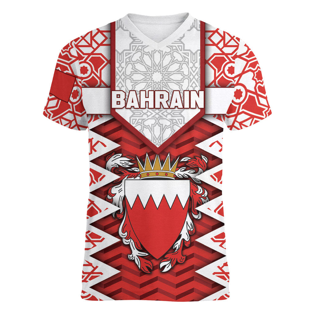 Personalized Bahrain Women V-Neck T-Shirt Royal Coat Of Arms And Map Islamic Pattern