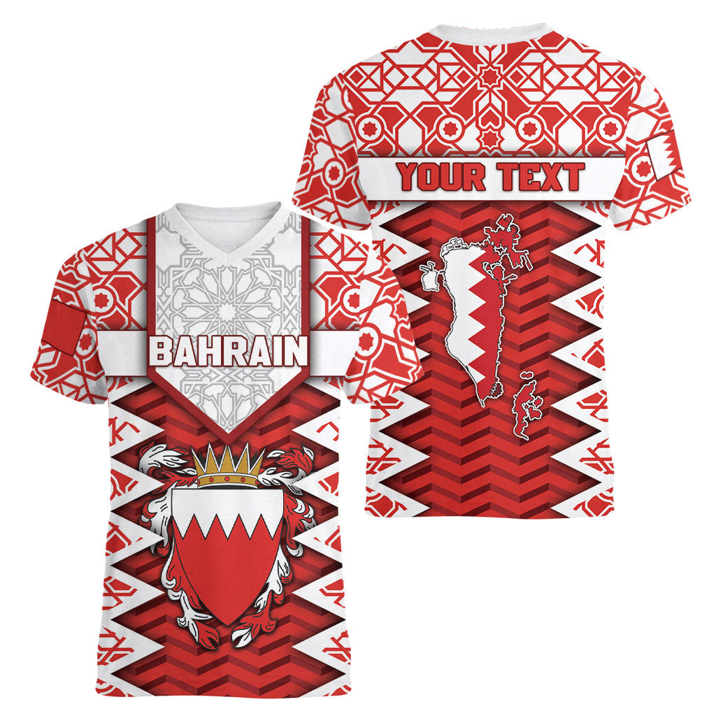 Personalized Bahrain Women V-Neck T-Shirt Royal Coat Of Arms And Map Islamic Pattern