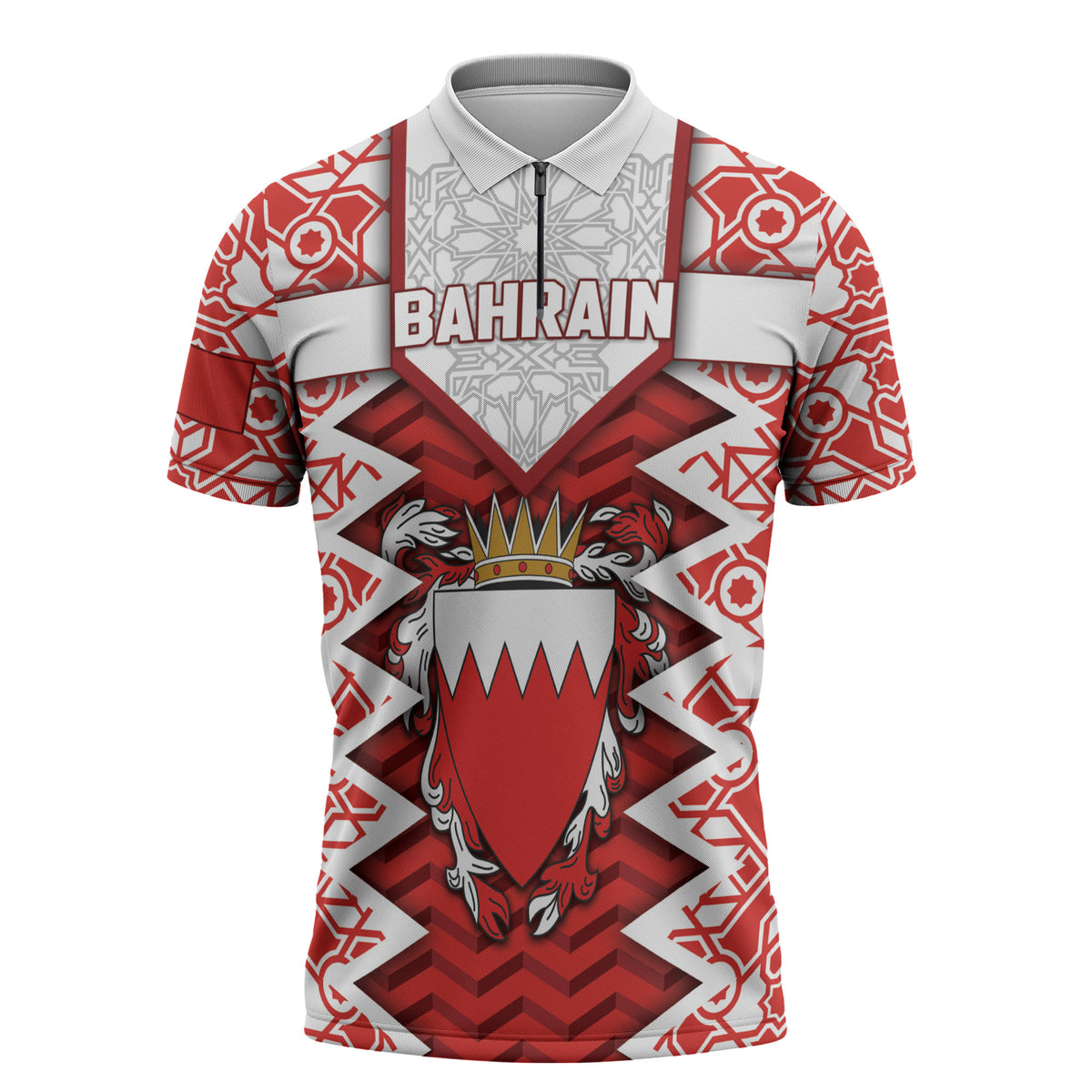 Personalized Bahrain Zipper Polo Shirt Royal Coat Of Arms And Map Islamic Pattern