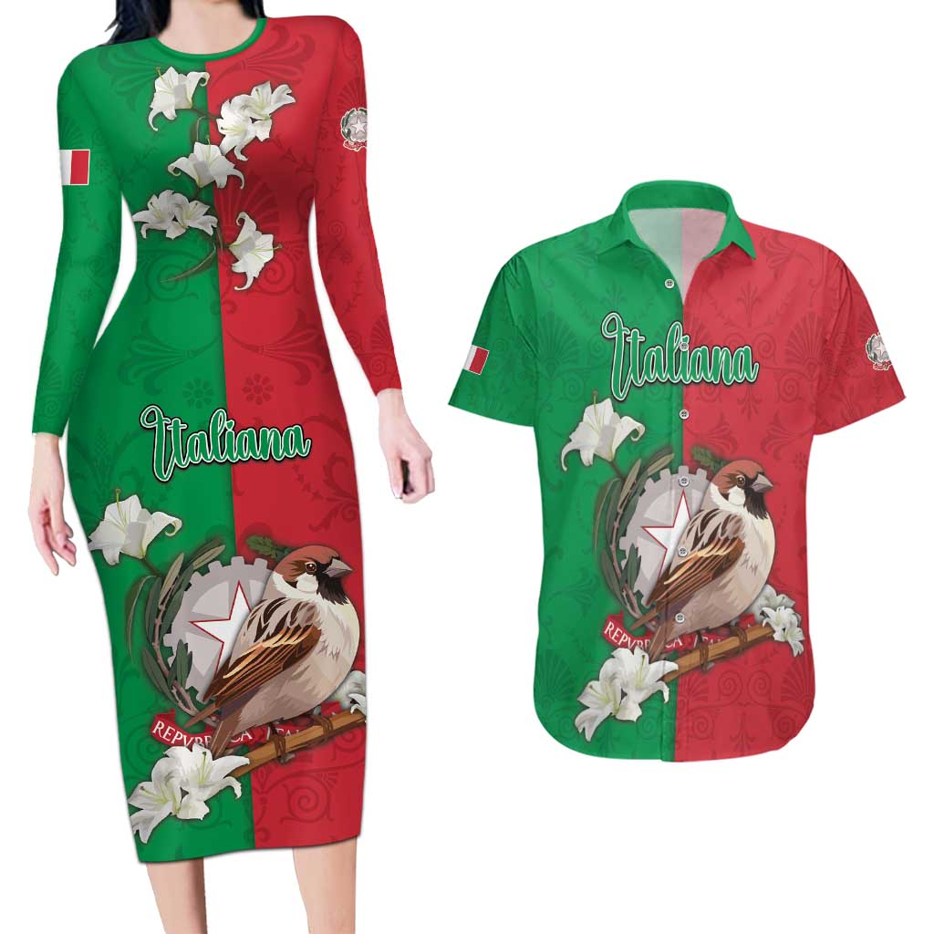 Personalized Italy Couples Matching Long Sleeve Bodycon Dress and Hawaiian Shirt Sparrow With Symbol Italiana - Wonder Print Shop