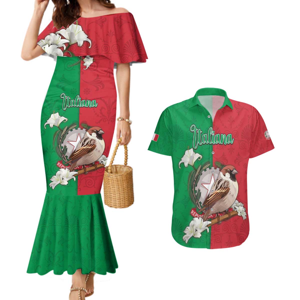 Personalized Italy Couples Matching Mermaid Dress and Hawaiian Shirt Sparrow With Symbol Italiana - Wonder Print Shop