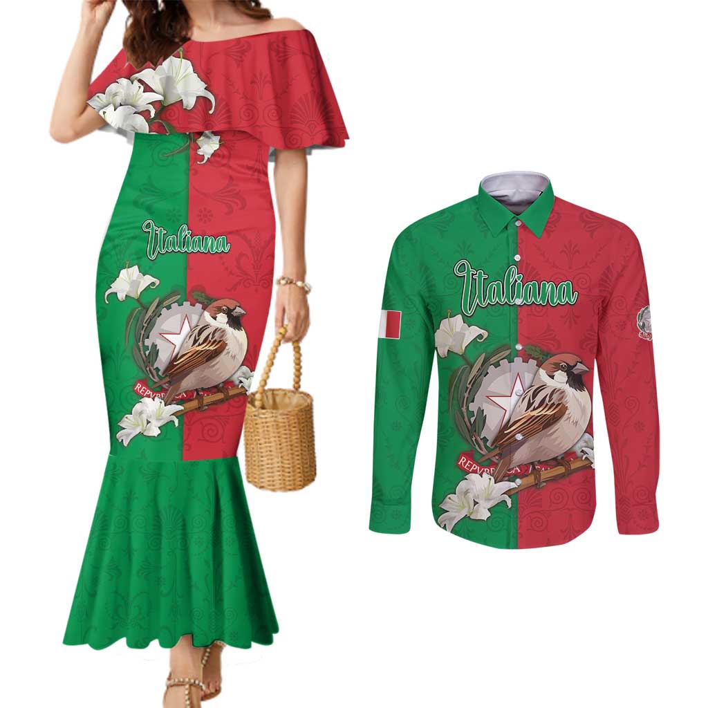 Personalized Italy Couples Matching Mermaid Dress and Long Sleeve Button Shirt Sparrow With Symbol Italiana - Wonder Print Shop