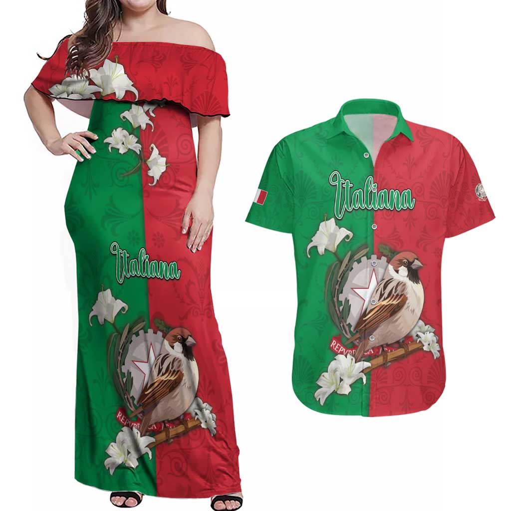 Personalized Italy Couples Matching Off Shoulder Maxi Dress and Hawaiian Shirt Sparrow With Symbol Italiana - Wonder Print Shop