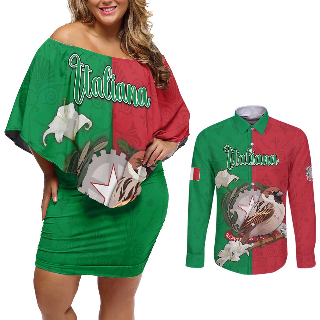 Personalized Italy Couples Matching Off Shoulder Short Dress and Long Sleeve Button Shirt Sparrow With Symbol Italiana - Wonder Print Shop