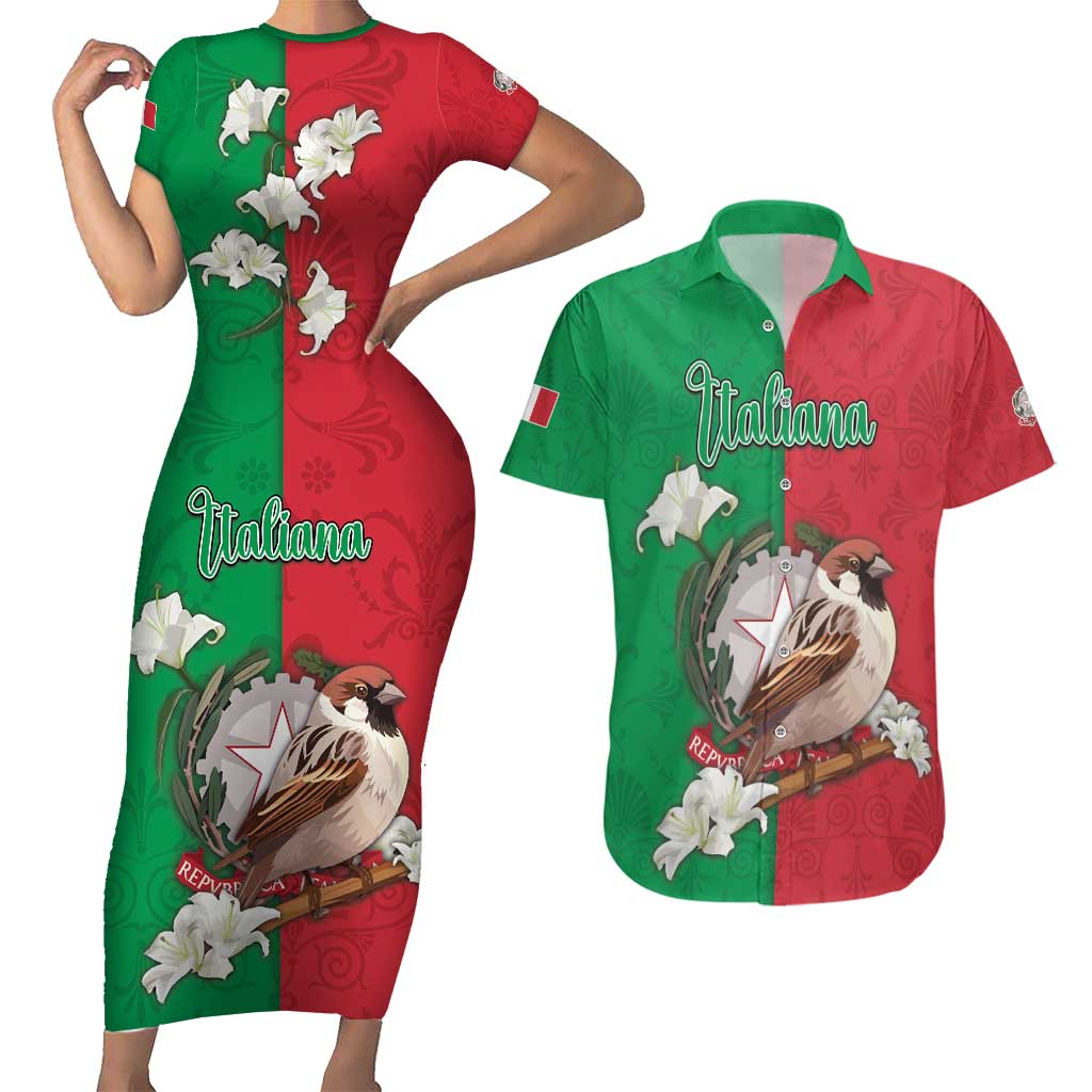 Personalized Italy Couples Matching Short Sleeve Bodycon Dress and Hawaiian Shirt Sparrow With Symbol Italiana - Wonder Print Shop
