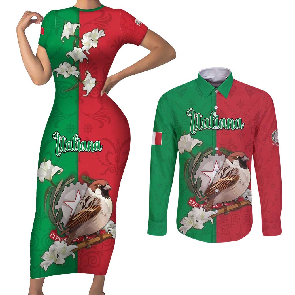 Personalized Italy Couples Matching Short Sleeve Bodycon Dress and Long Sleeve Button Shirt Sparrow With Symbol Italiana - Wonder Print Shop