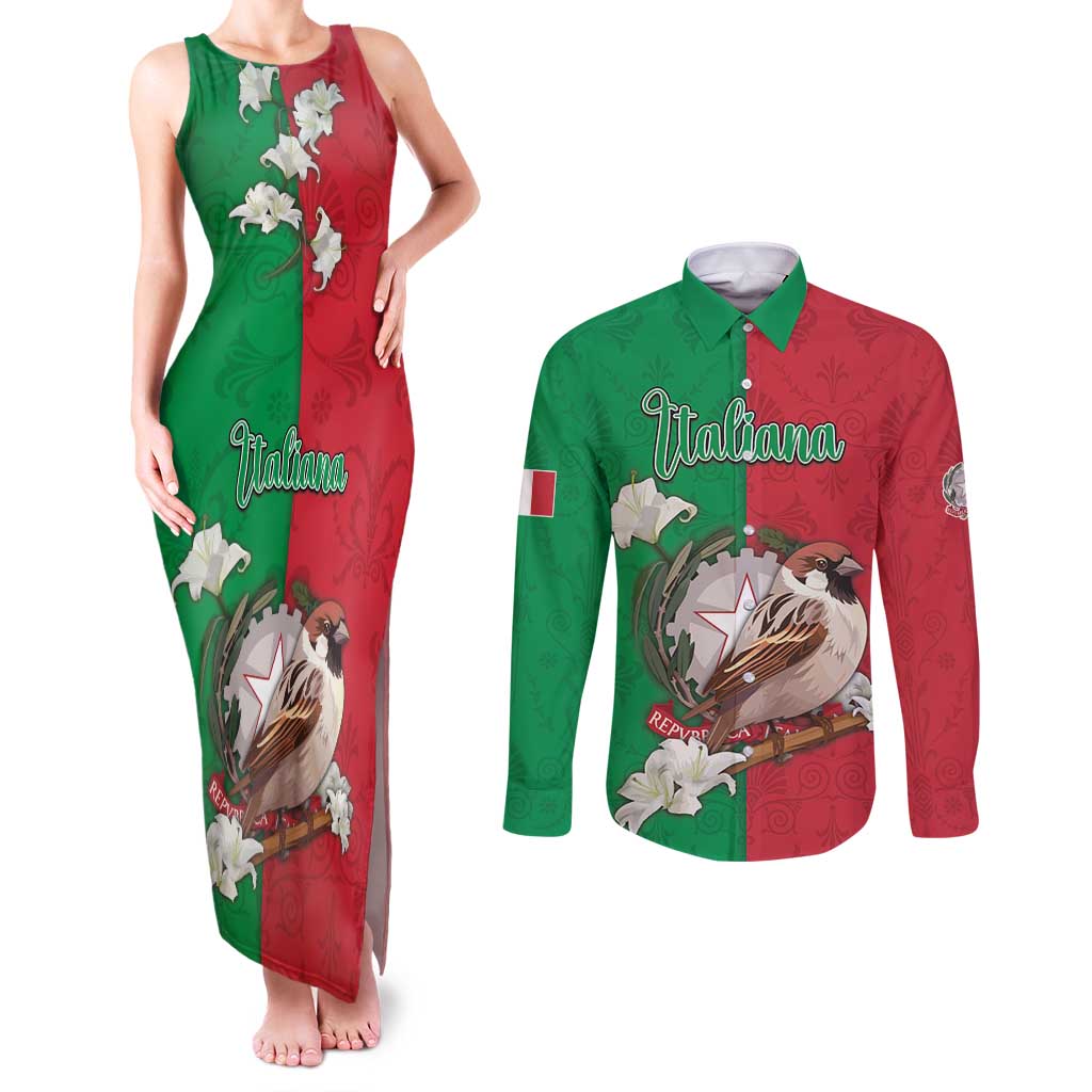 Personalized Italy Couples Matching Tank Maxi Dress and Long Sleeve Button Shirt Sparrow With Symbol Italiana - Wonder Print Shop