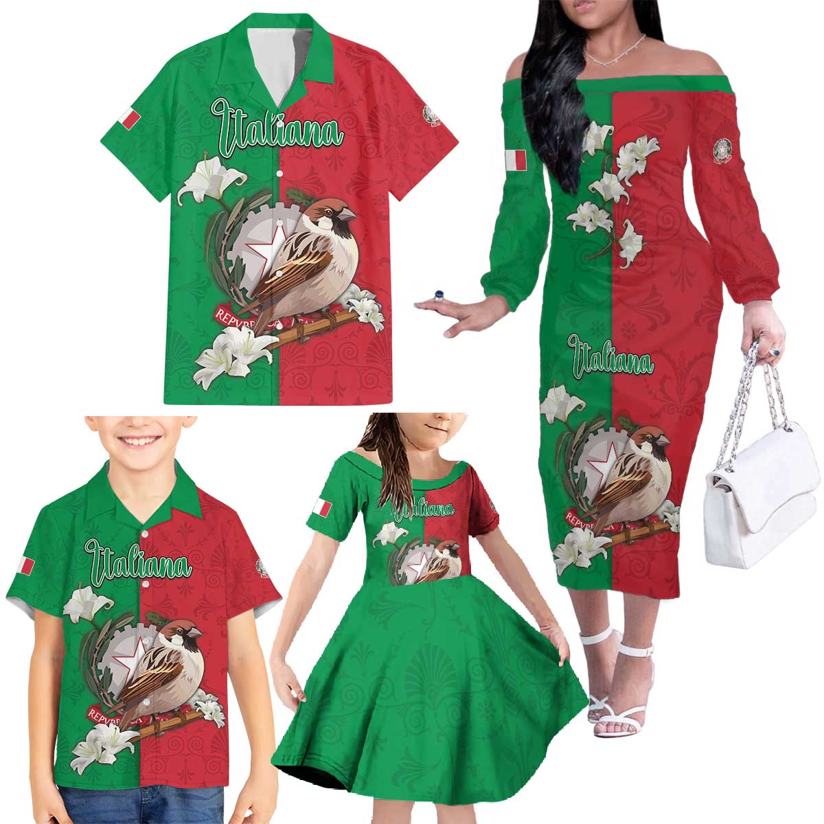 Personalized Italy Family Matching Off The Shoulder Long Sleeve Dress and Hawaiian Shirt Sparrow With Symbol Italiana - Wonder Print Shop