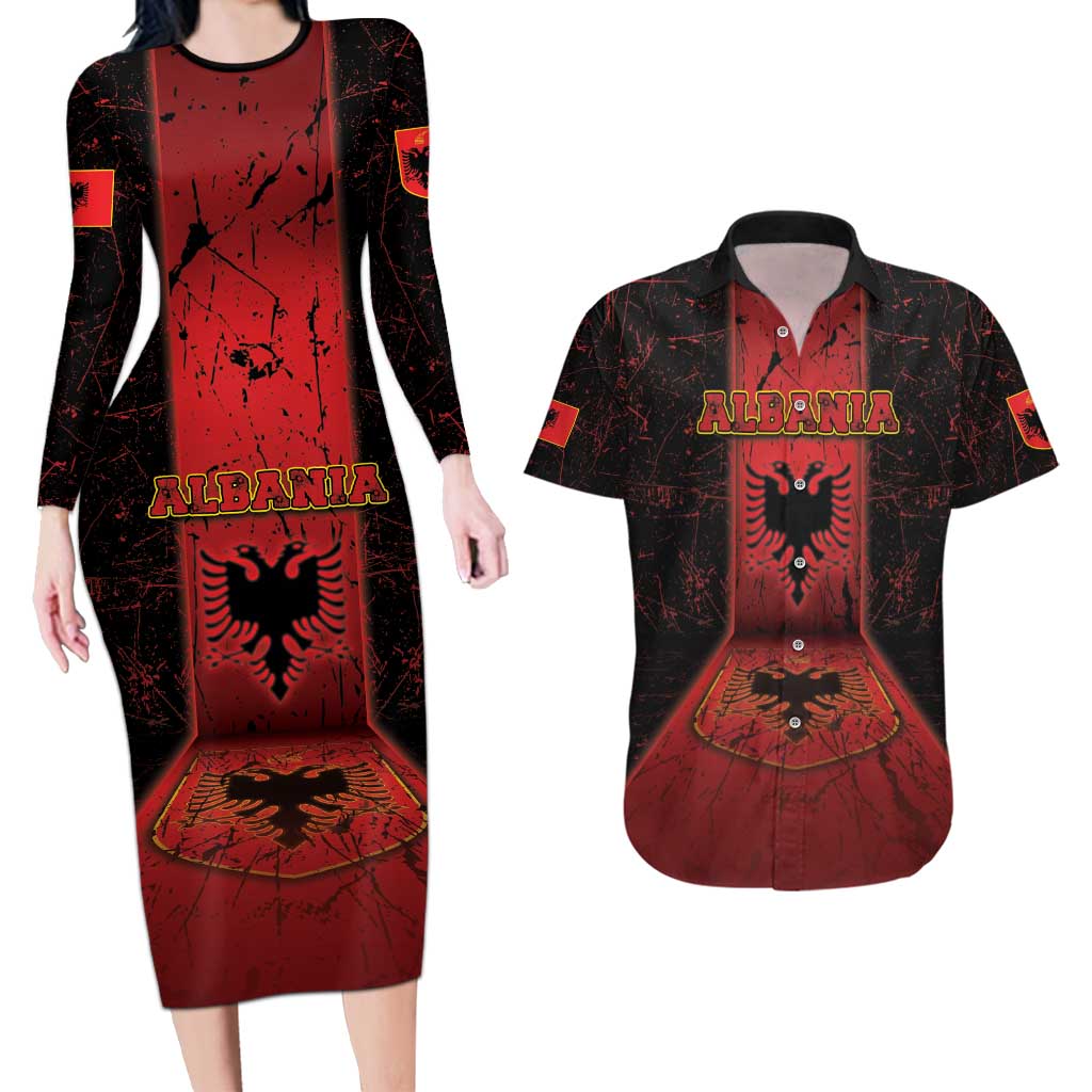 Personalized Albania Couples Matching Long Sleeve Bodycon Dress and Hawaiian Shirt Black Double Headed Eagle - Wonder Print Shop