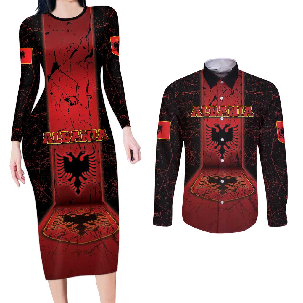 Personalized Albania Couples Matching Long Sleeve Bodycon Dress and Long Sleeve Button Shirt Black Double Headed Eagle - Wonder Print Shop
