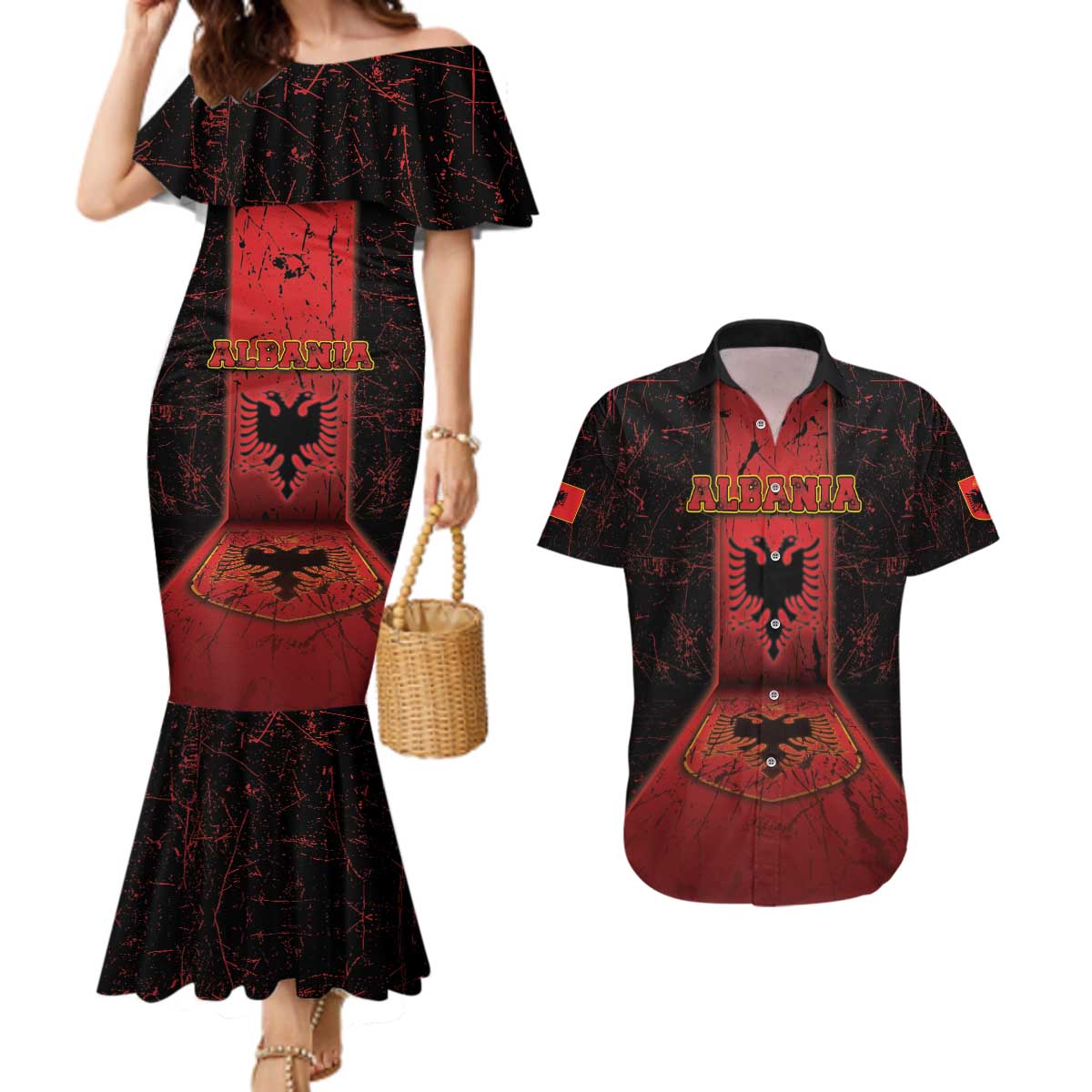 Personalized Albania Couples Matching Mermaid Dress and Hawaiian Shirt Black Double Headed Eagle - Wonder Print Shop