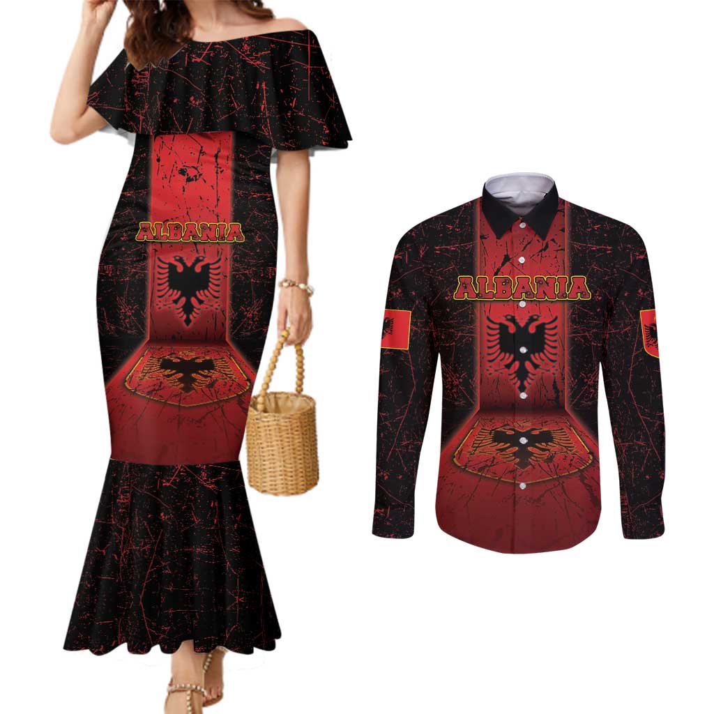 Personalized Albania Couples Matching Mermaid Dress and Long Sleeve Button Shirt Black Double Headed Eagle - Wonder Print Shop