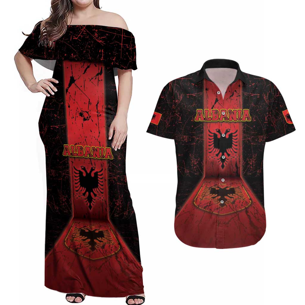 Personalized Albania Couples Matching Off Shoulder Maxi Dress and Hawaiian Shirt Black Double Headed Eagle - Wonder Print Shop