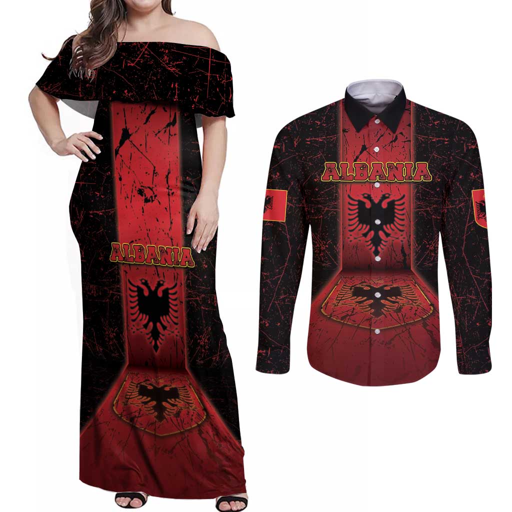Personalized Albania Couples Matching Off Shoulder Maxi Dress and Long Sleeve Button Shirt Black Double Headed Eagle - Wonder Print Shop