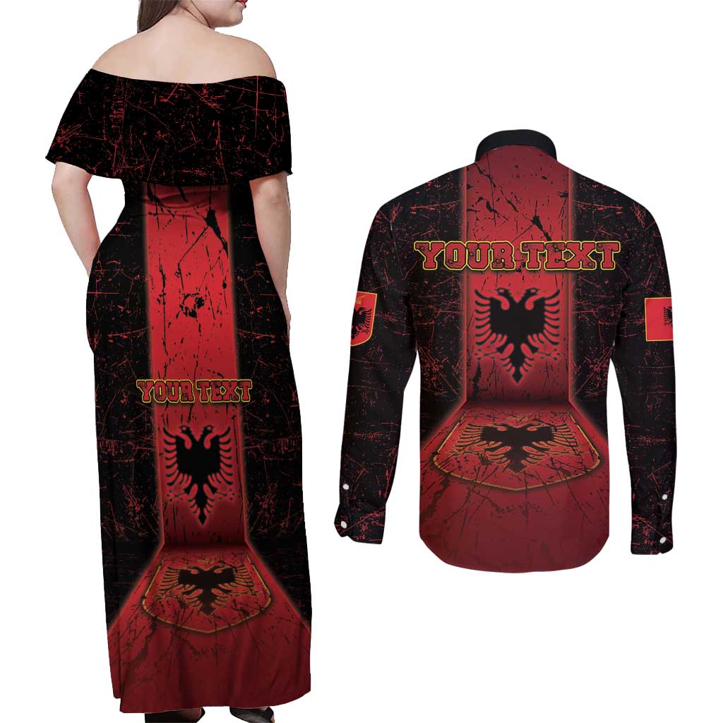 Personalized Albania Couples Matching Off Shoulder Maxi Dress and Long Sleeve Button Shirt Black Double Headed Eagle - Wonder Print Shop