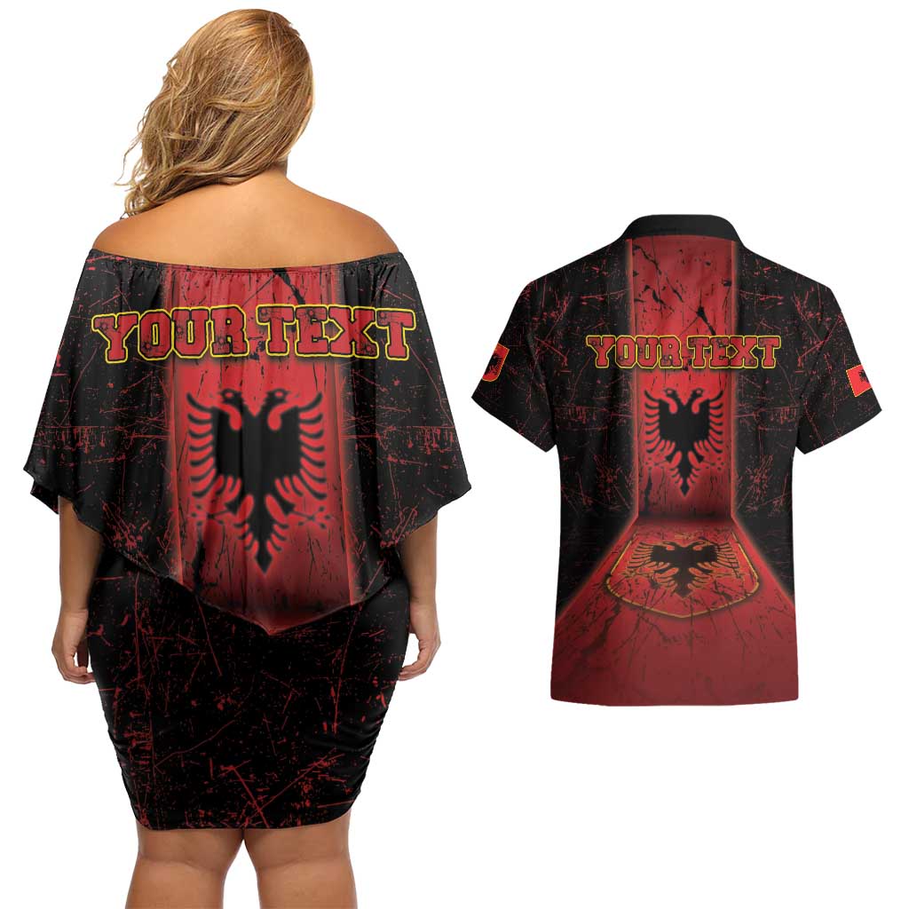 Personalized Albania Couples Matching Off Shoulder Short Dress and Hawaiian Shirt Black Double Headed Eagle - Wonder Print Shop