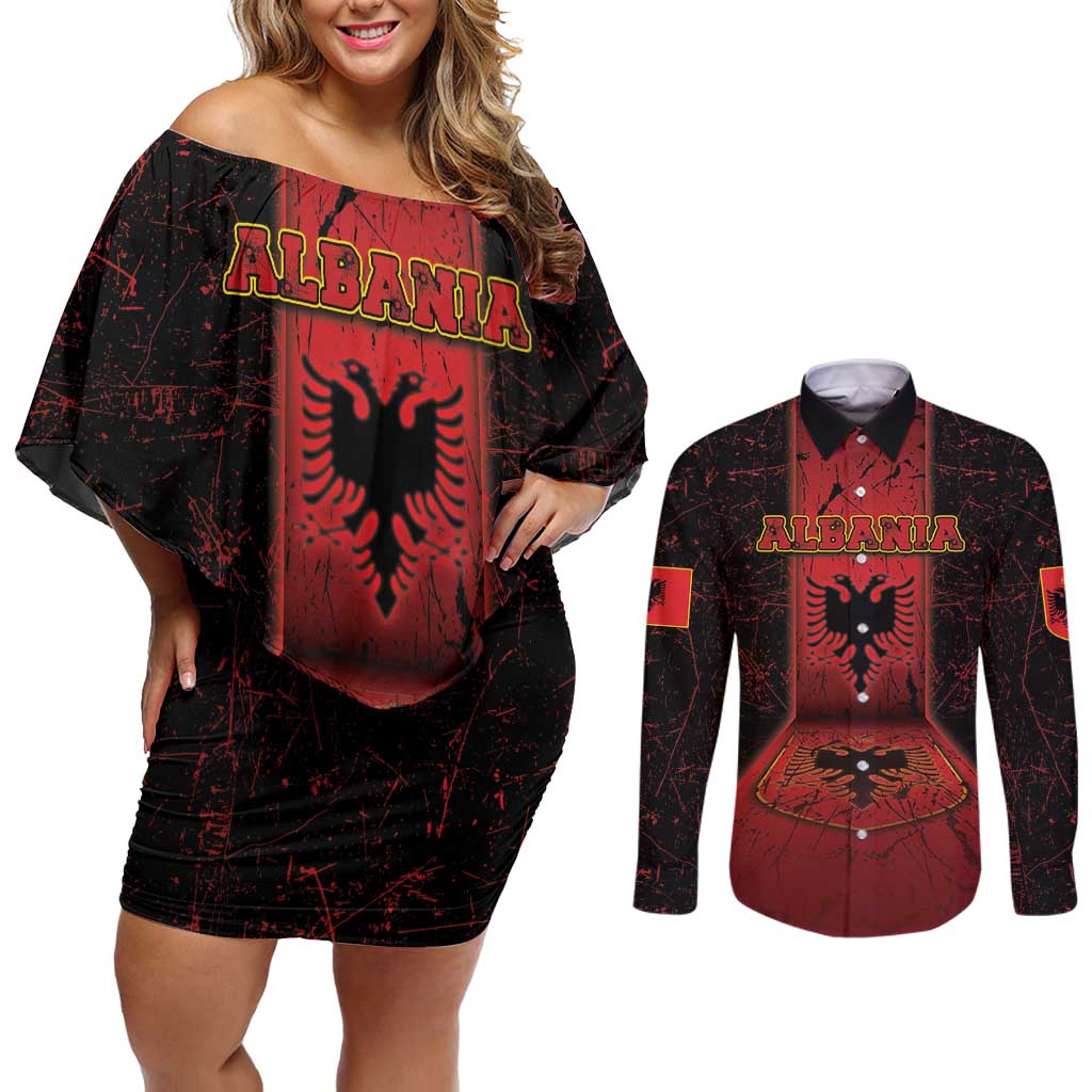 Personalized Albania Couples Matching Off Shoulder Short Dress and Long Sleeve Button Shirt Black Double Headed Eagle - Wonder Print Shop