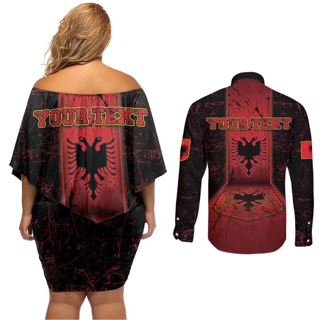 Personalized Albania Couples Matching Off Shoulder Short Dress and Long Sleeve Button Shirt Black Double Headed Eagle - Wonder Print Shop