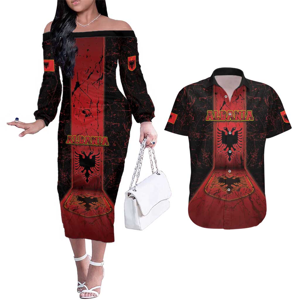Personalized Albania Couples Matching Off The Shoulder Long Sleeve Dress and Hawaiian Shirt Black Double Headed Eagle - Wonder Print Shop