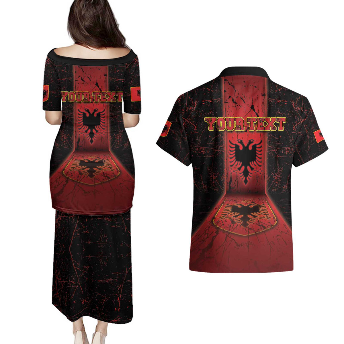 Personalized Albania Couples Matching Puletasi and Hawaiian Shirt Black Double Headed Eagle - Wonder Print Shop