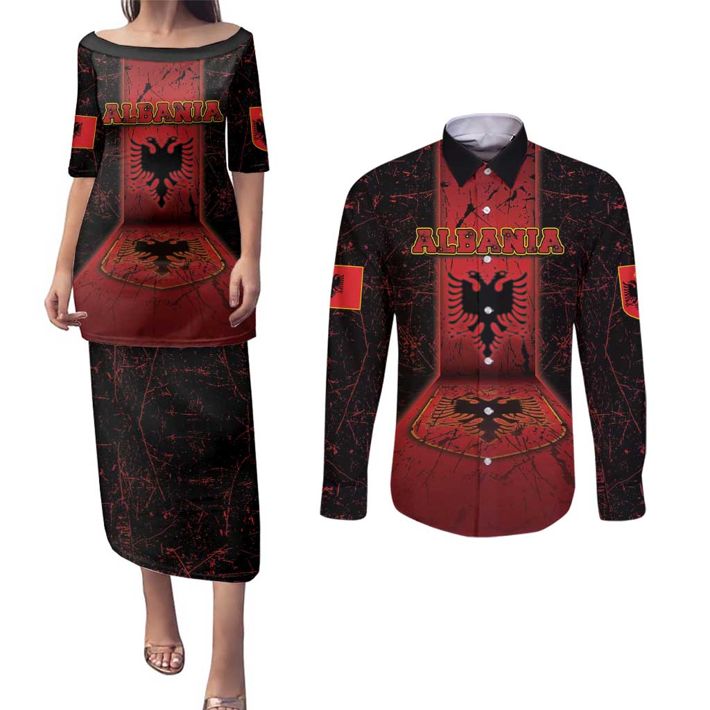 Personalized Albania Couples Matching Puletasi and Long Sleeve Button Shirt Black Double Headed Eagle - Wonder Print Shop