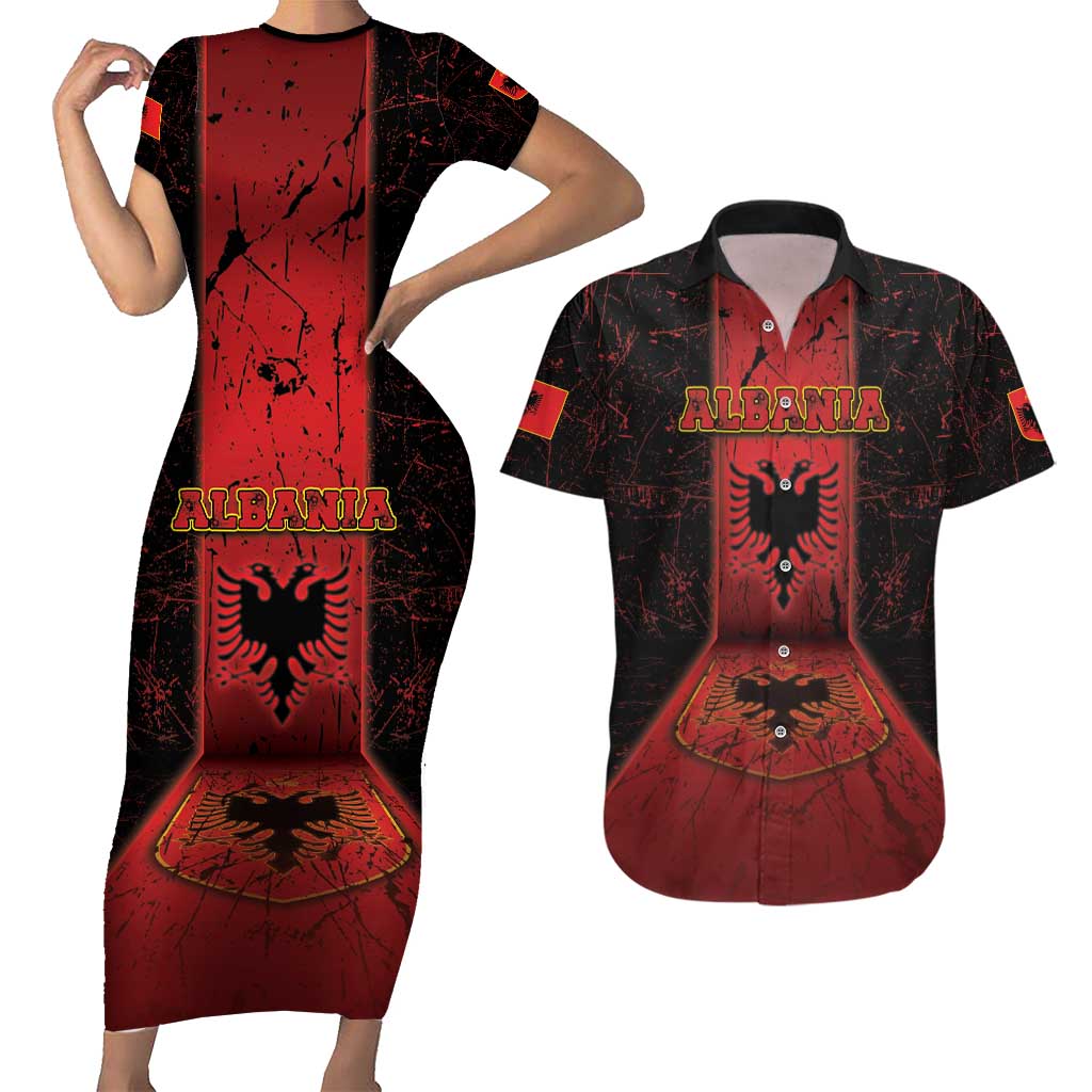Personalized Albania Couples Matching Short Sleeve Bodycon Dress and Hawaiian Shirt Black Double Headed Eagle - Wonder Print Shop