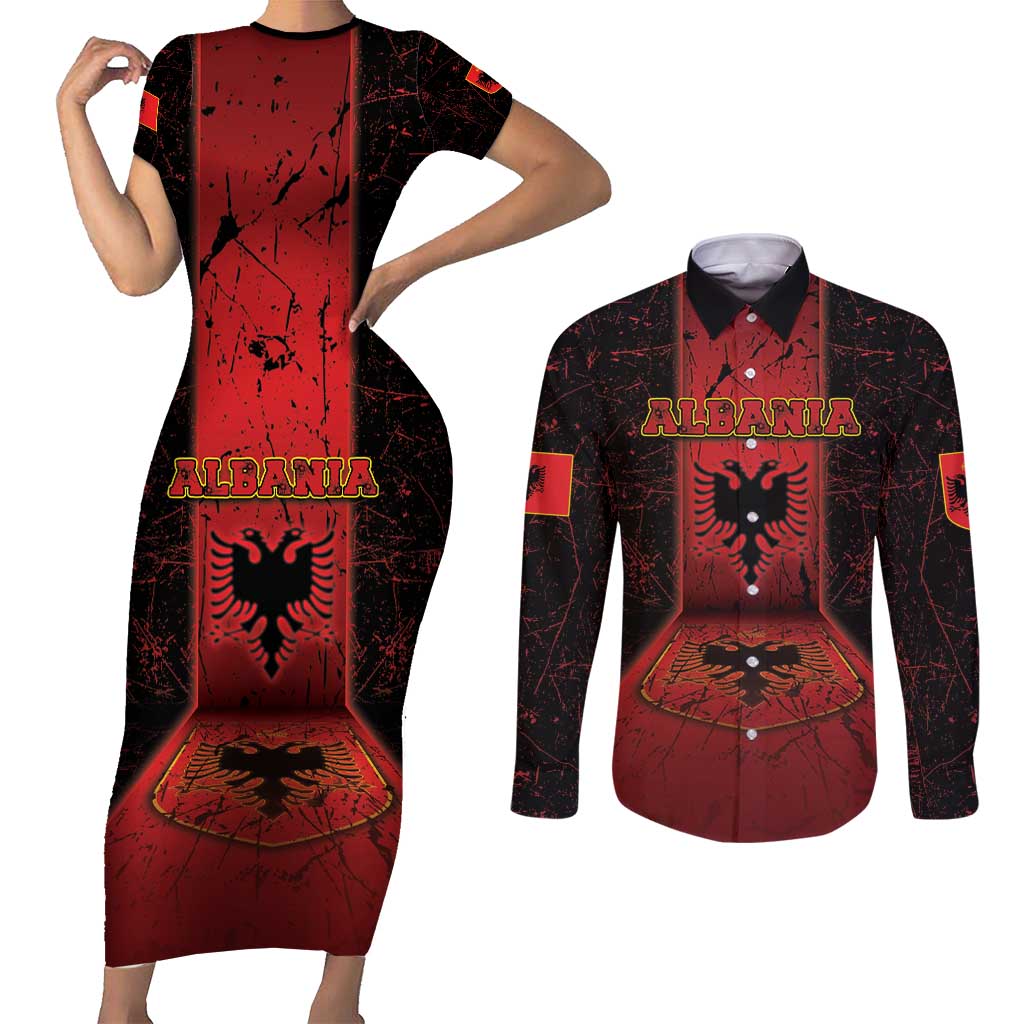 Personalized Albania Couples Matching Short Sleeve Bodycon Dress and Long Sleeve Button Shirt Black Double Headed Eagle - Wonder Print Shop