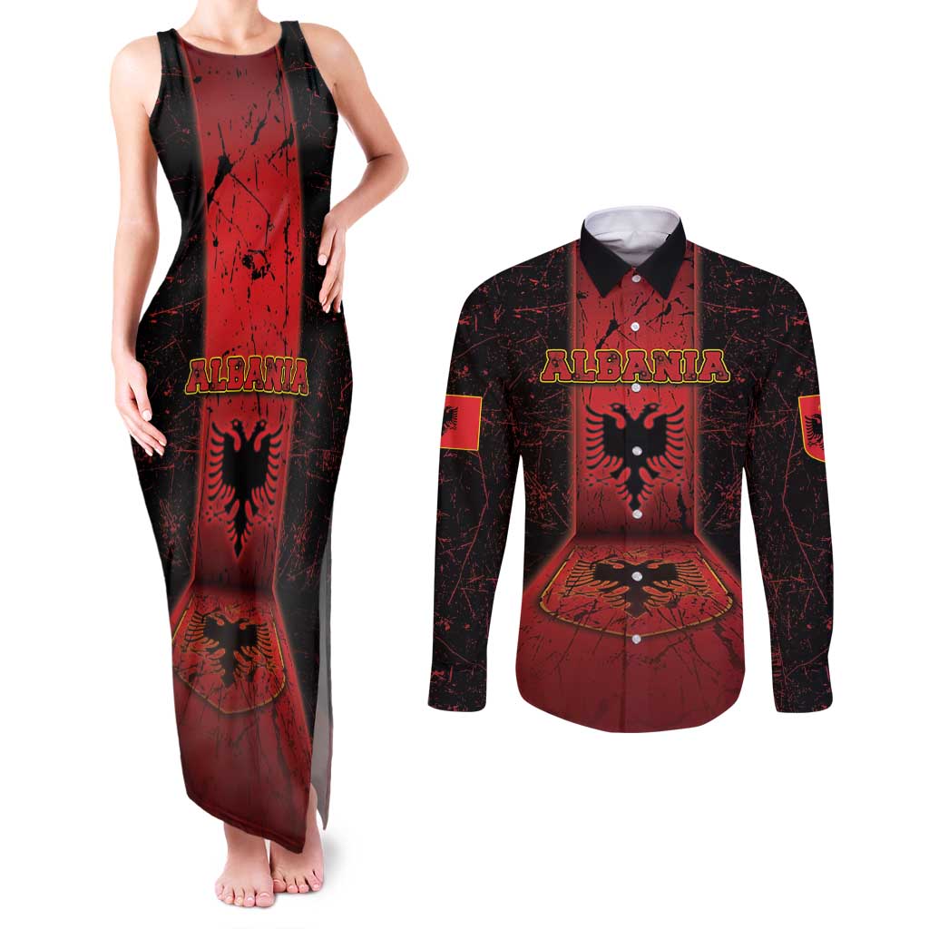 Personalized Albania Couples Matching Tank Maxi Dress and Long Sleeve Button Shirt Black Double Headed Eagle - Wonder Print Shop