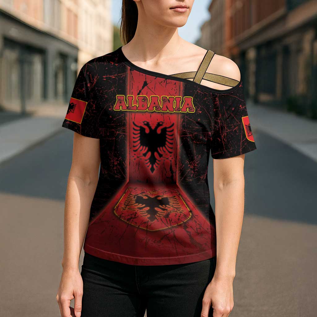 Personalized Albania Cross Shoulder Shirt Black Double Headed Eagle - Wonder Print Shop