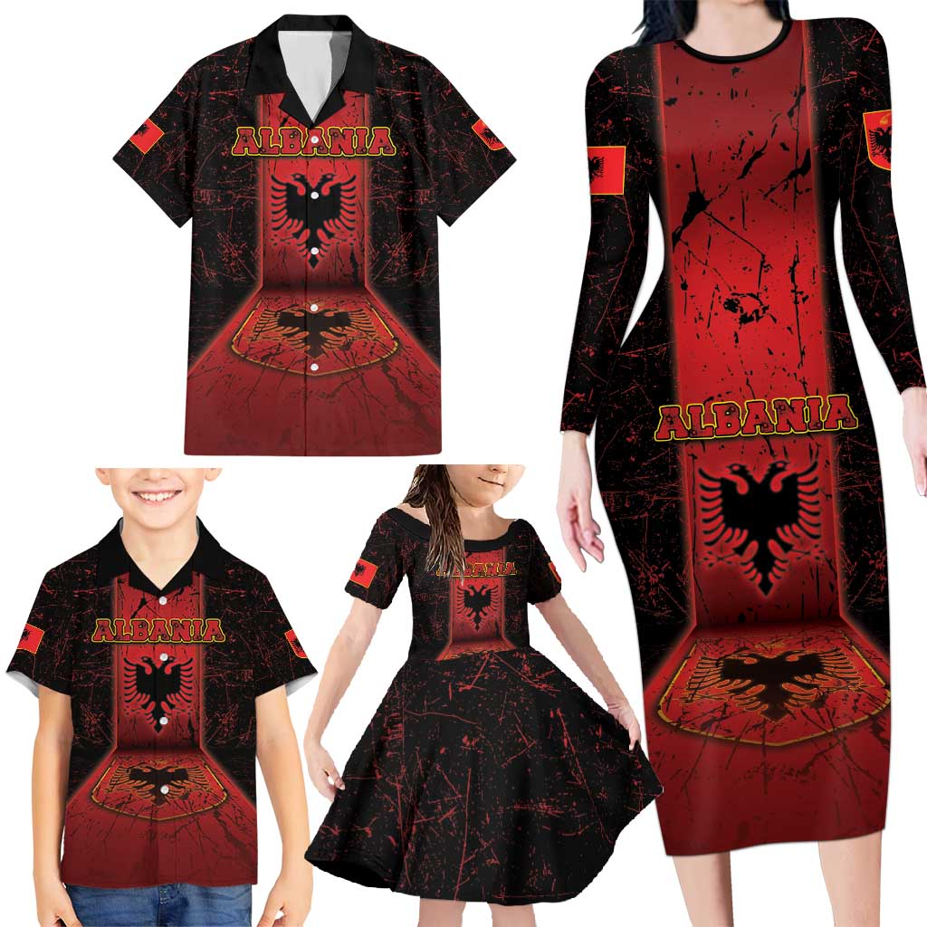 Personalized Albania Family Matching Long Sleeve Bodycon Dress and Hawaiian Shirt Black Double Headed Eagle - Wonder Print Shop