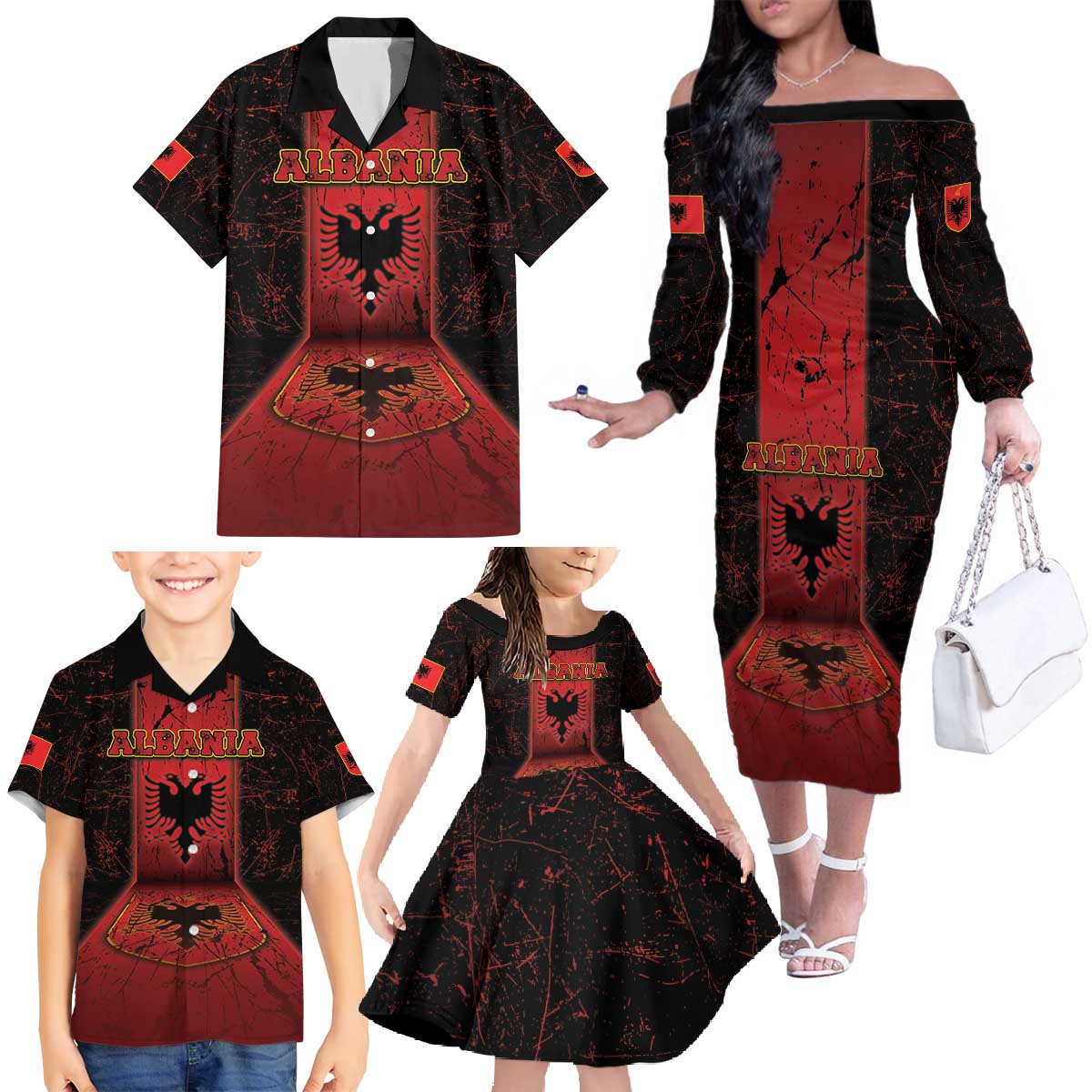 Personalized Albania Family Matching Off The Shoulder Long Sleeve Dress and Hawaiian Shirt Black Double Headed Eagle - Wonder Print Shop