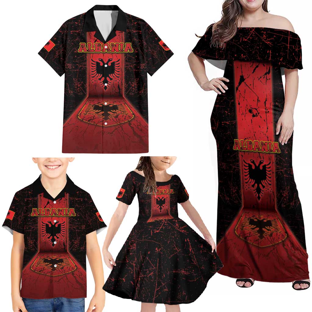 Personalized Albania Family Matching Off Shoulder Maxi Dress and Hawaiian Shirt Black Double Headed Eagle - Wonder Print Shop