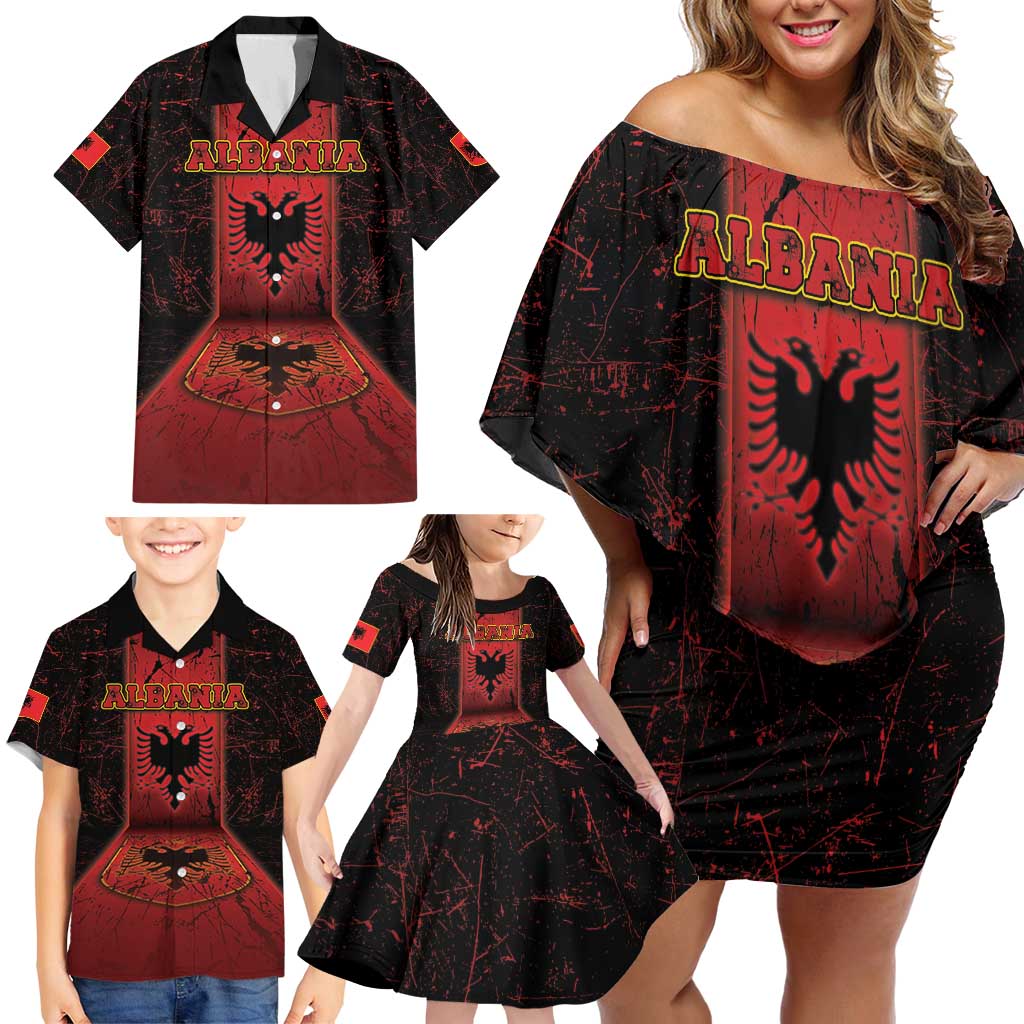 Personalized Albania Family Matching Off Shoulder Short Dress and Hawaiian Shirt Black Double Headed Eagle - Wonder Print Shop