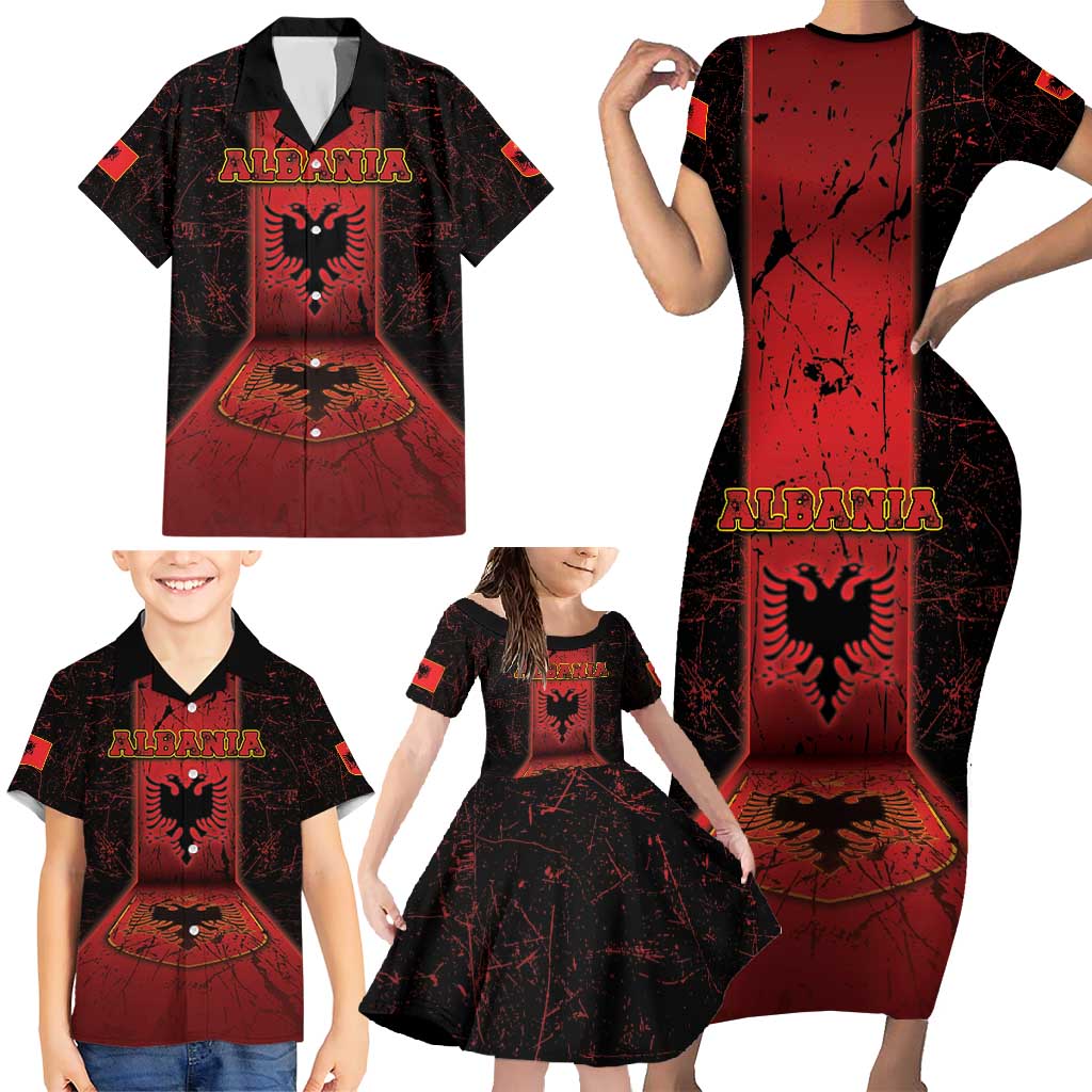 Personalized Albania Family Matching Short Sleeve Bodycon Dress and Hawaiian Shirt Black Double Headed Eagle - Wonder Print Shop