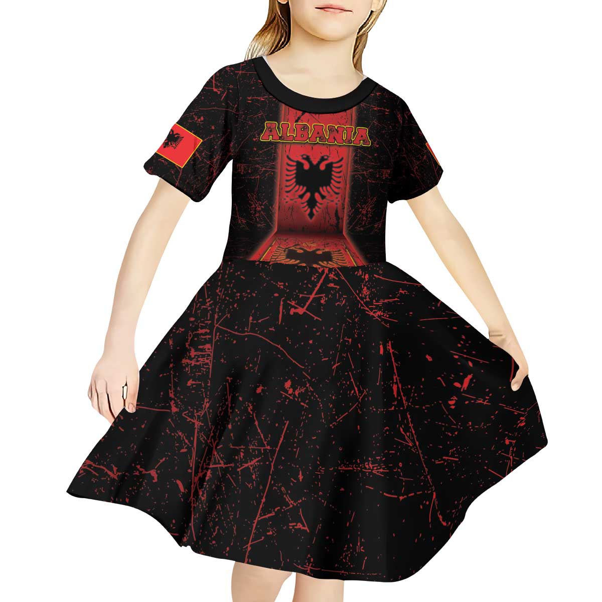Personalized Albania Kid Short Sleeve Dress Black Double Headed Eagle - Wonder Print Shop