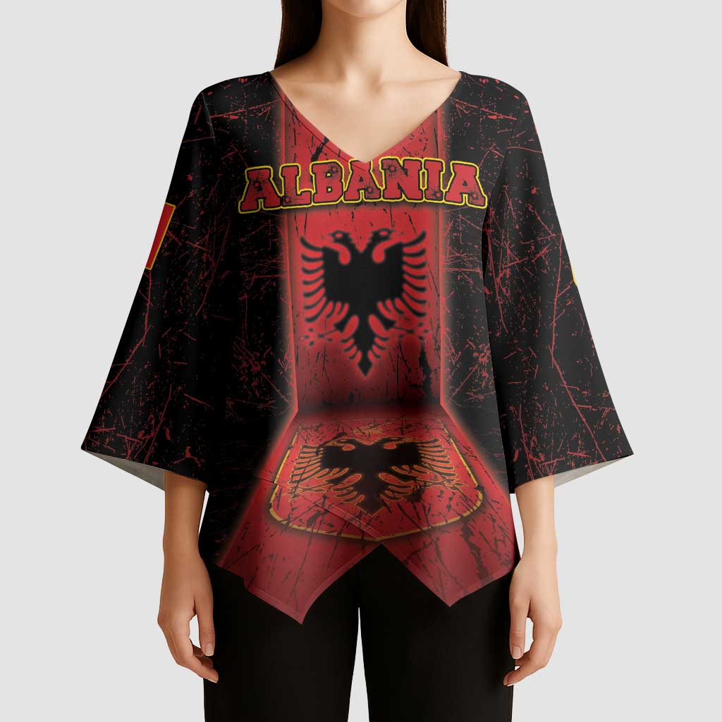 Personalized Albania Kimono Sleeve Blouse Black Double Headed Eagle - Wonder Print Shop