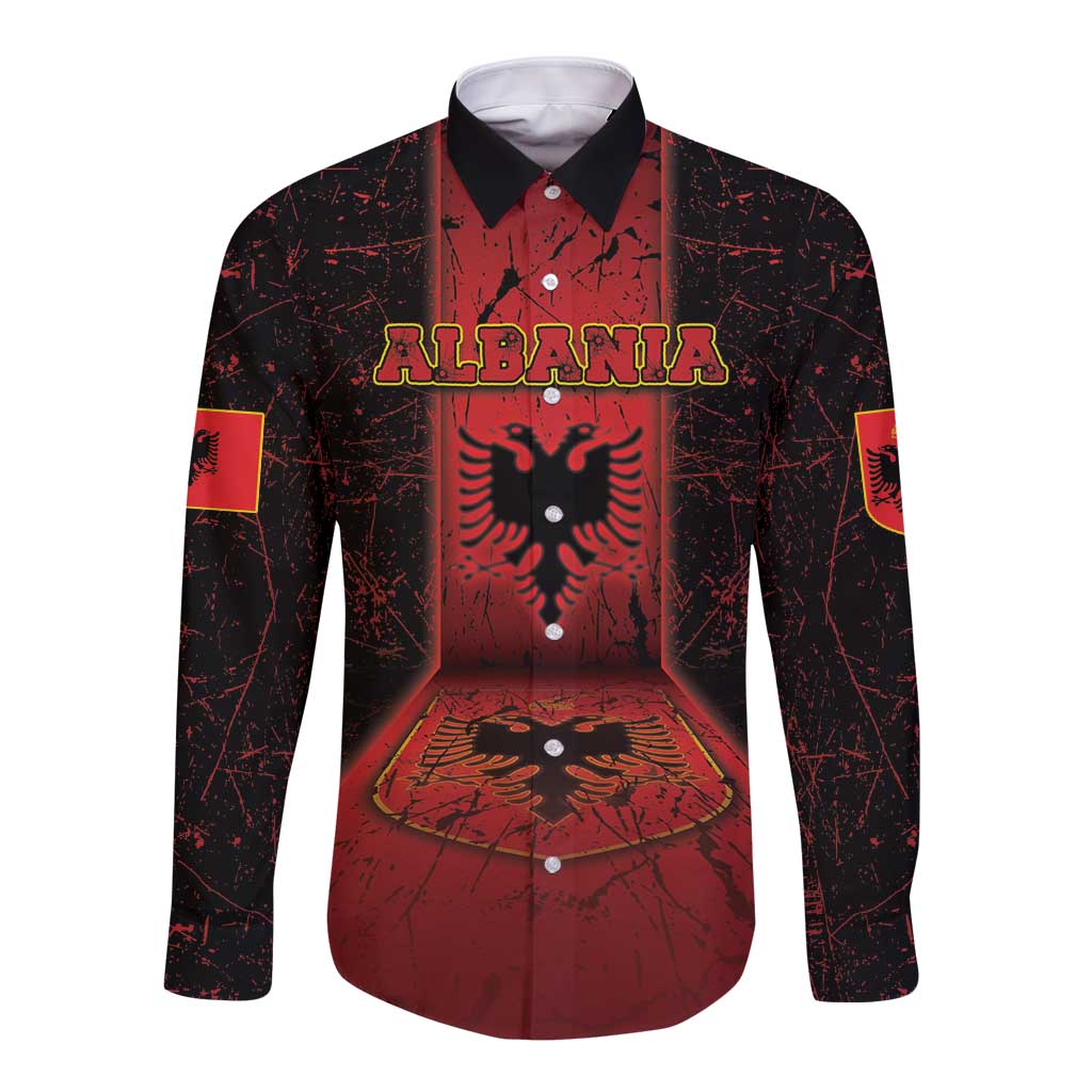 Personalized Albania Long Sleeve Button Shirt Black Double Headed Eagle - Wonder Print Shop