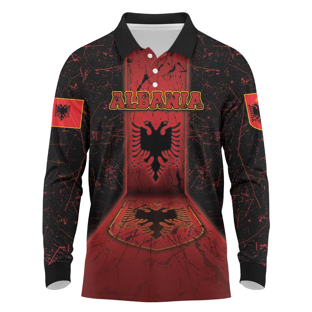 Personalized Albania Long Sleeve Polo Shirt Black Double Headed Eagle - Wonder Print Shop
