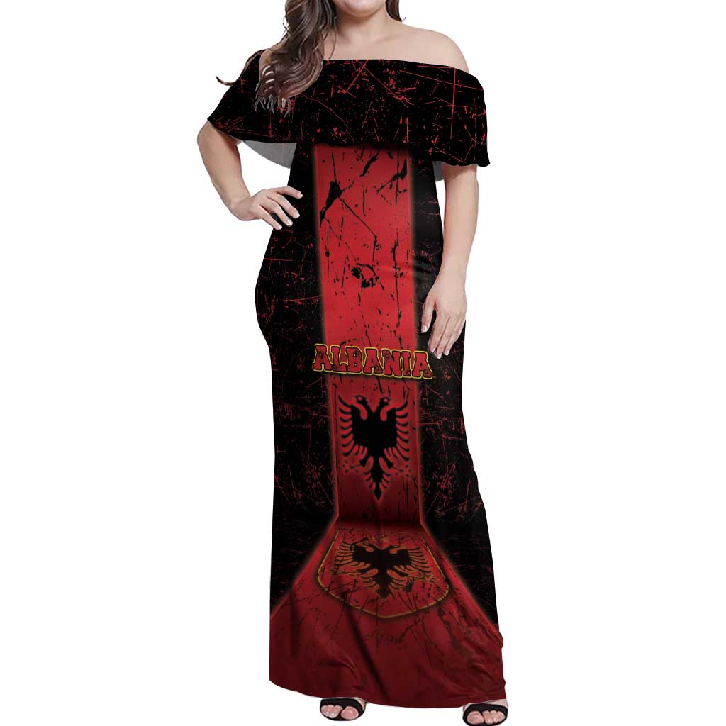 Personalized Albania Off Shoulder Maxi Dress Black Double Headed Eagle - Wonder Print Shop