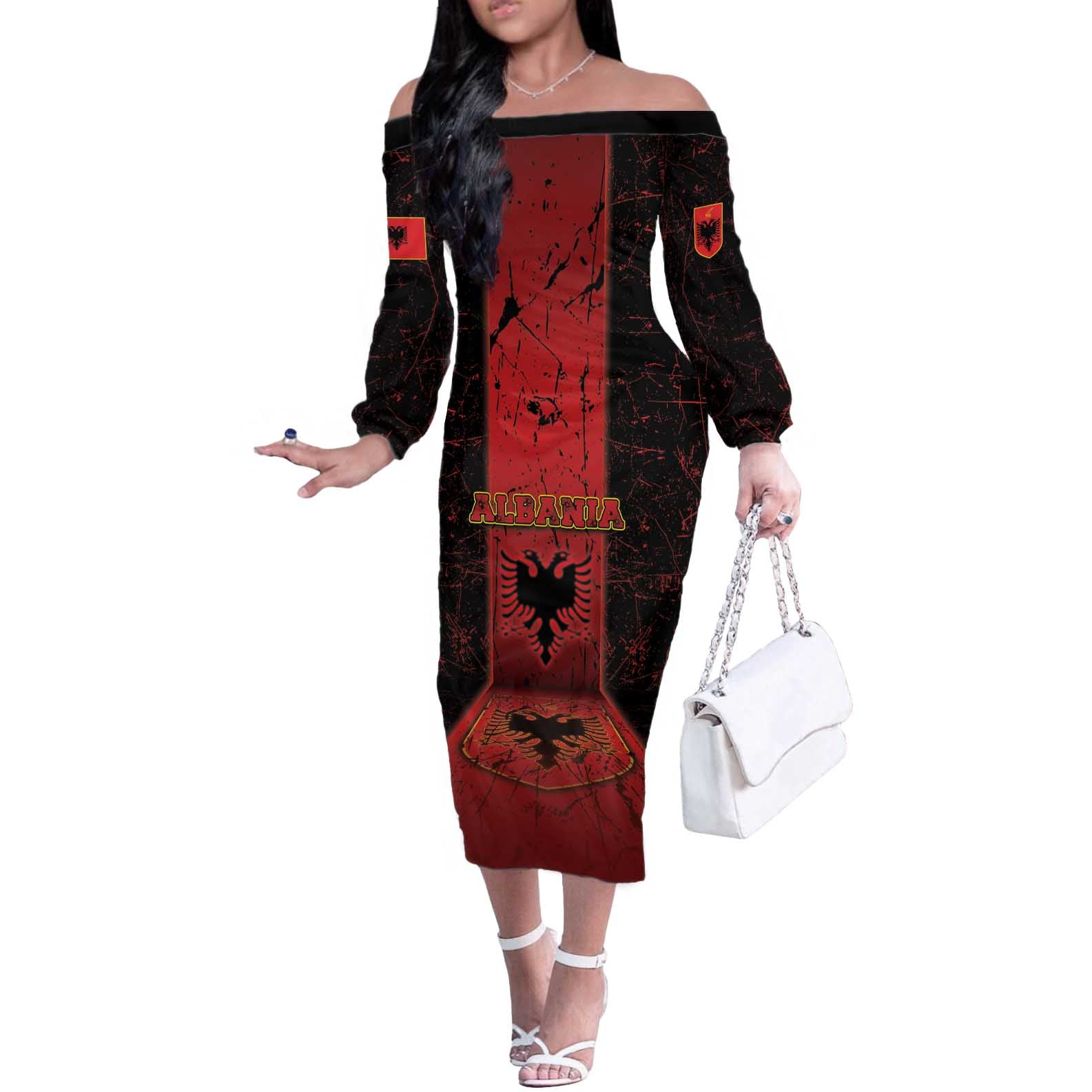 Personalized Albania Off The Shoulder Long Sleeve Dress Black Double Headed Eagle - Wonder Print Shop