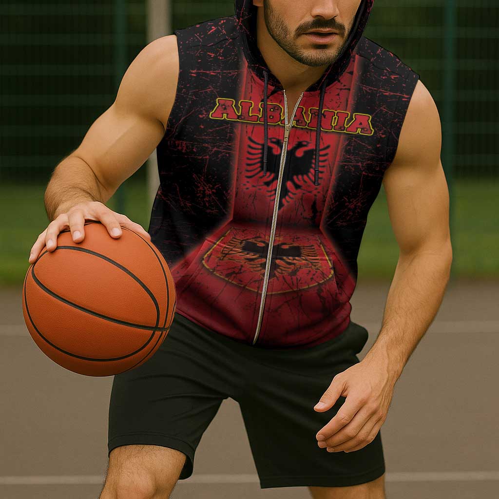 Personalized Albania Sleeveless Zip Hoodie Black Double Headed Eagle - Wonder Print Shop