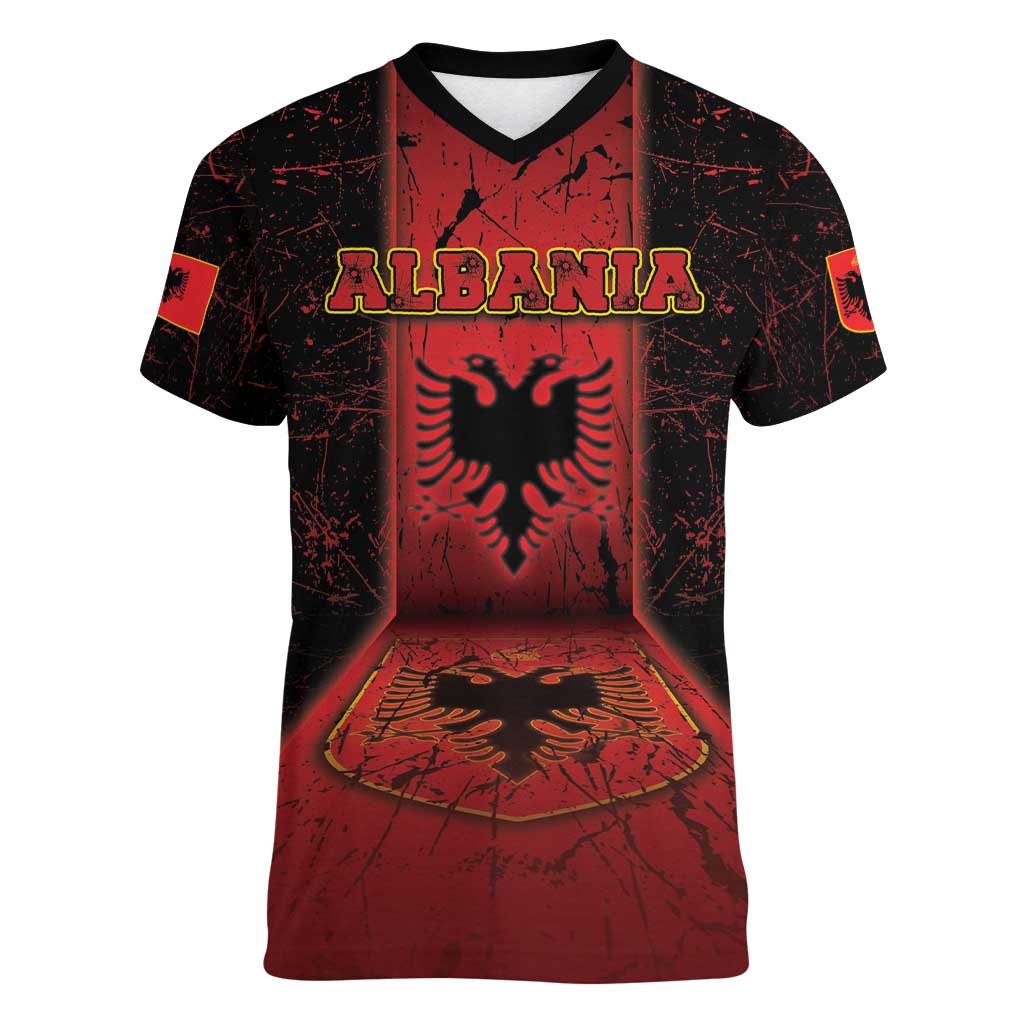 Personalized Albania Women V-Neck T-Shirt Black Double Headed Eagle - Wonder Print Shop